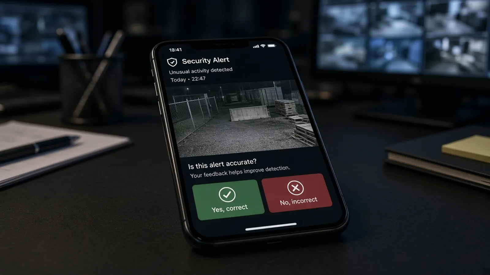 Illustrative image: a smartphone on a dark office desk showing a generic security alert with a CCTV still of an empty yard and two feedback buttons