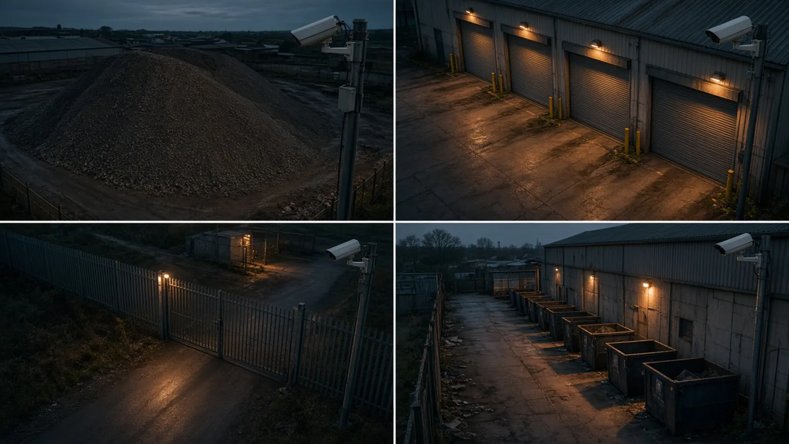 Illustrative image: four views of an empty industrial site at dusk, each with a CCTV camera watching a different area: an aggregate stockpile, roller-shutter loading bays, a gate and a row of skips