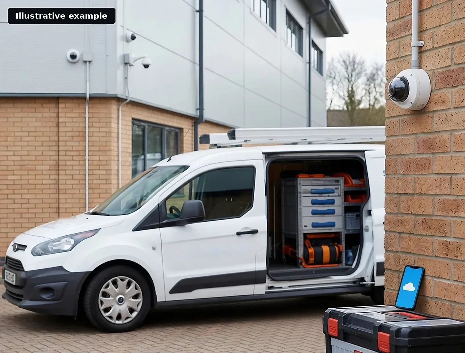 Illustrative example of a CCTV camera mounted beside an installer's van