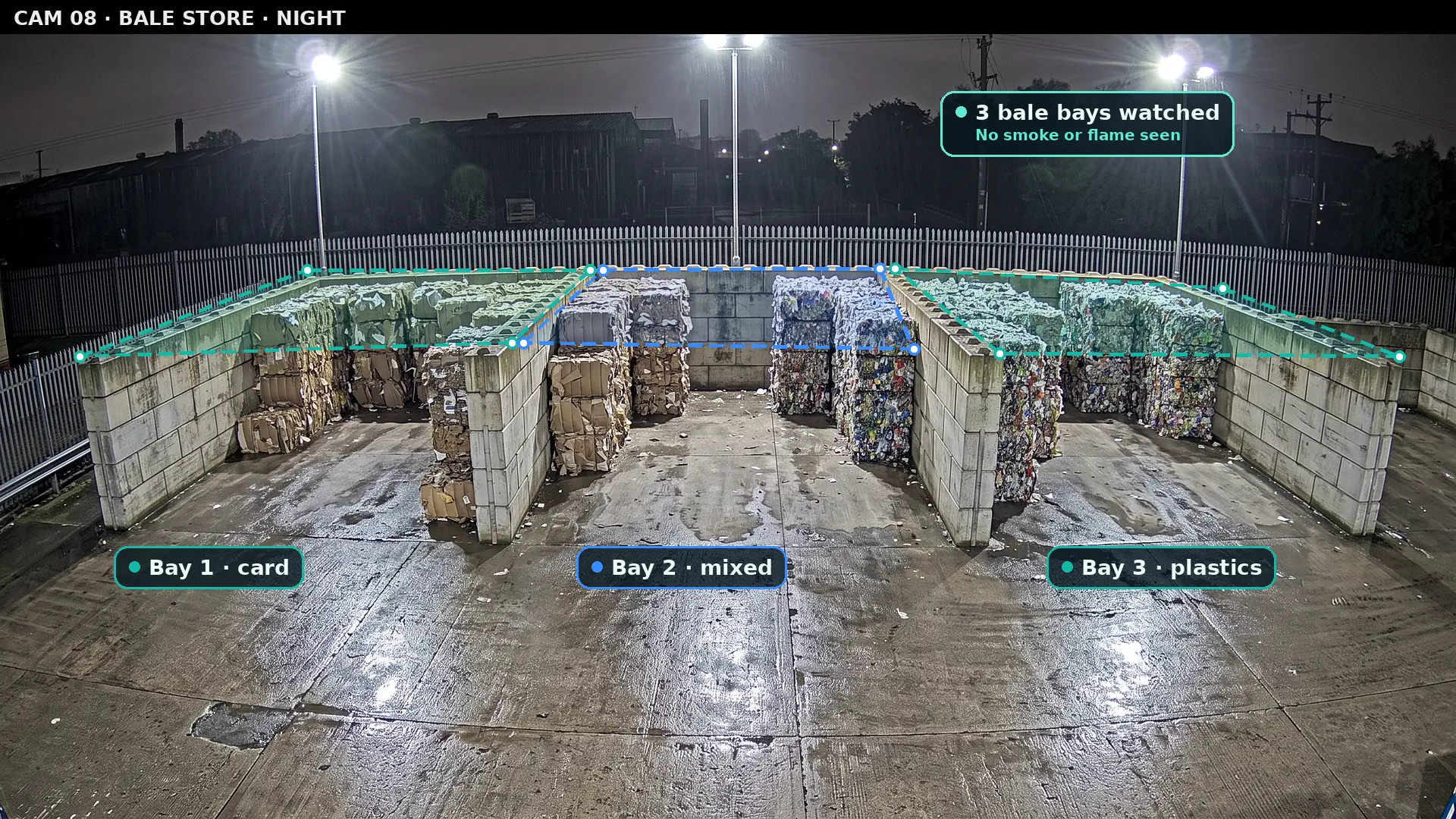 Night camera view of three bale bays, card, mixed and plastics, each zoned