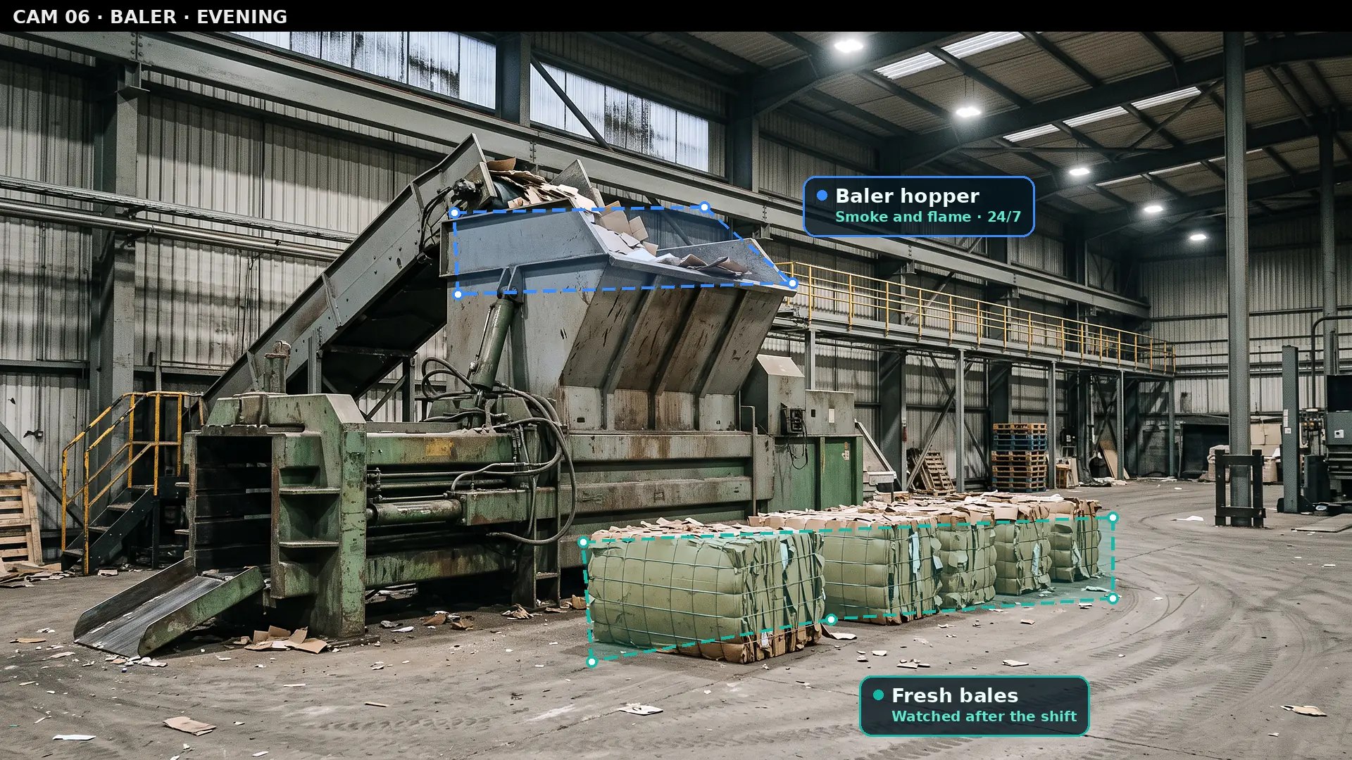 Camera view of a baler with zones over the hopper and the row of fresh bales