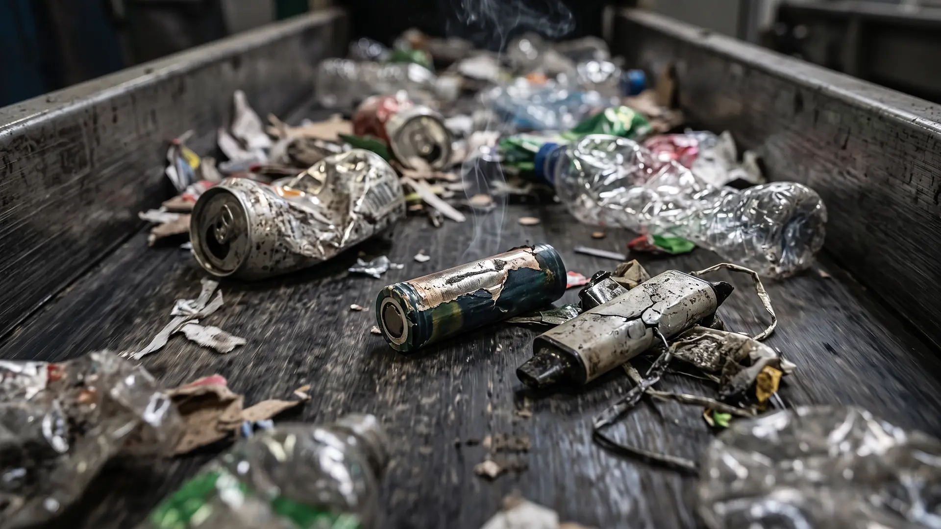 Close view of a damaged lithium cell and vape among cans and bottles on a sorting belt