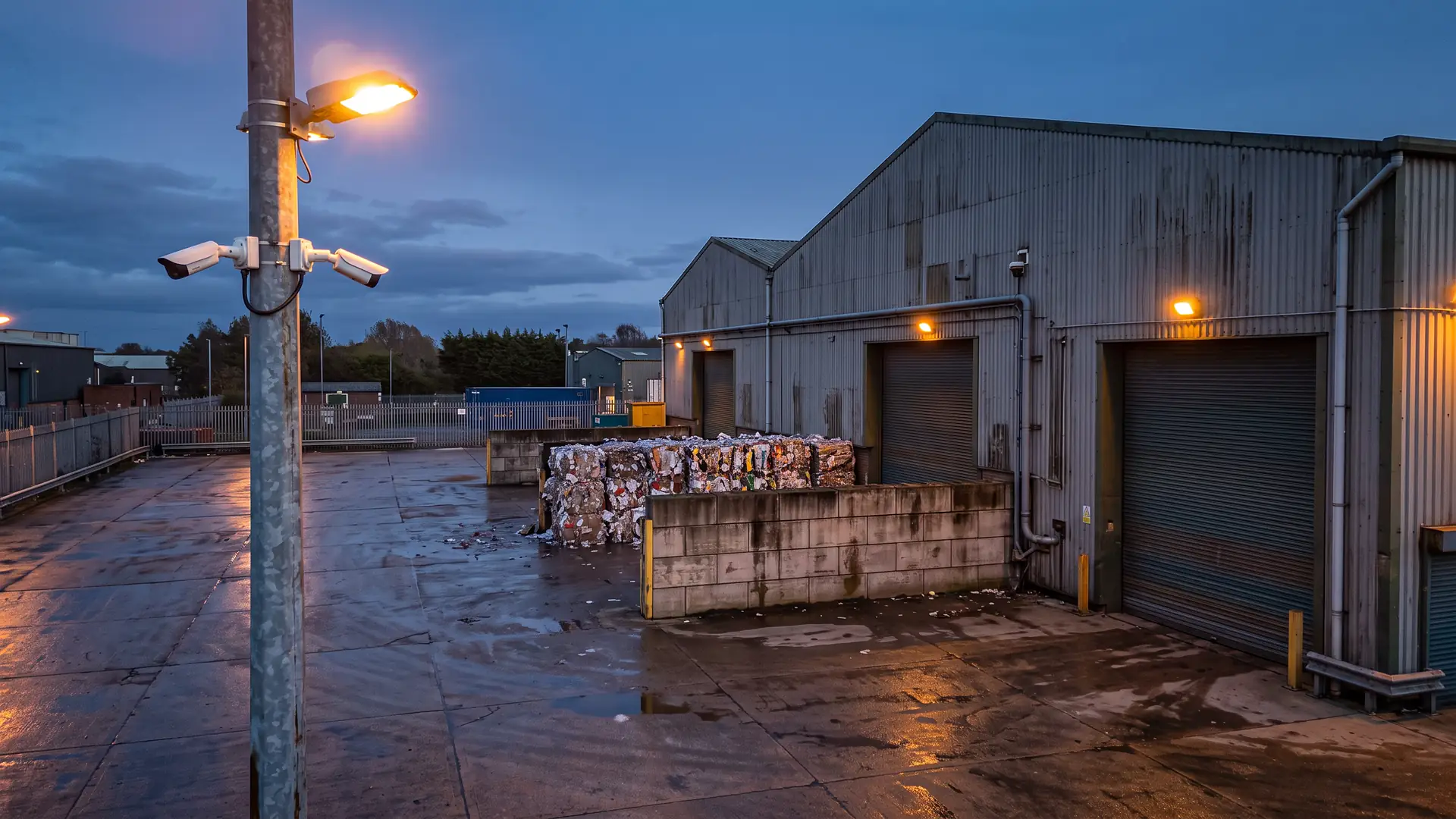 Dusk view of a recycling plant yard with pole cameras watching a bale wall