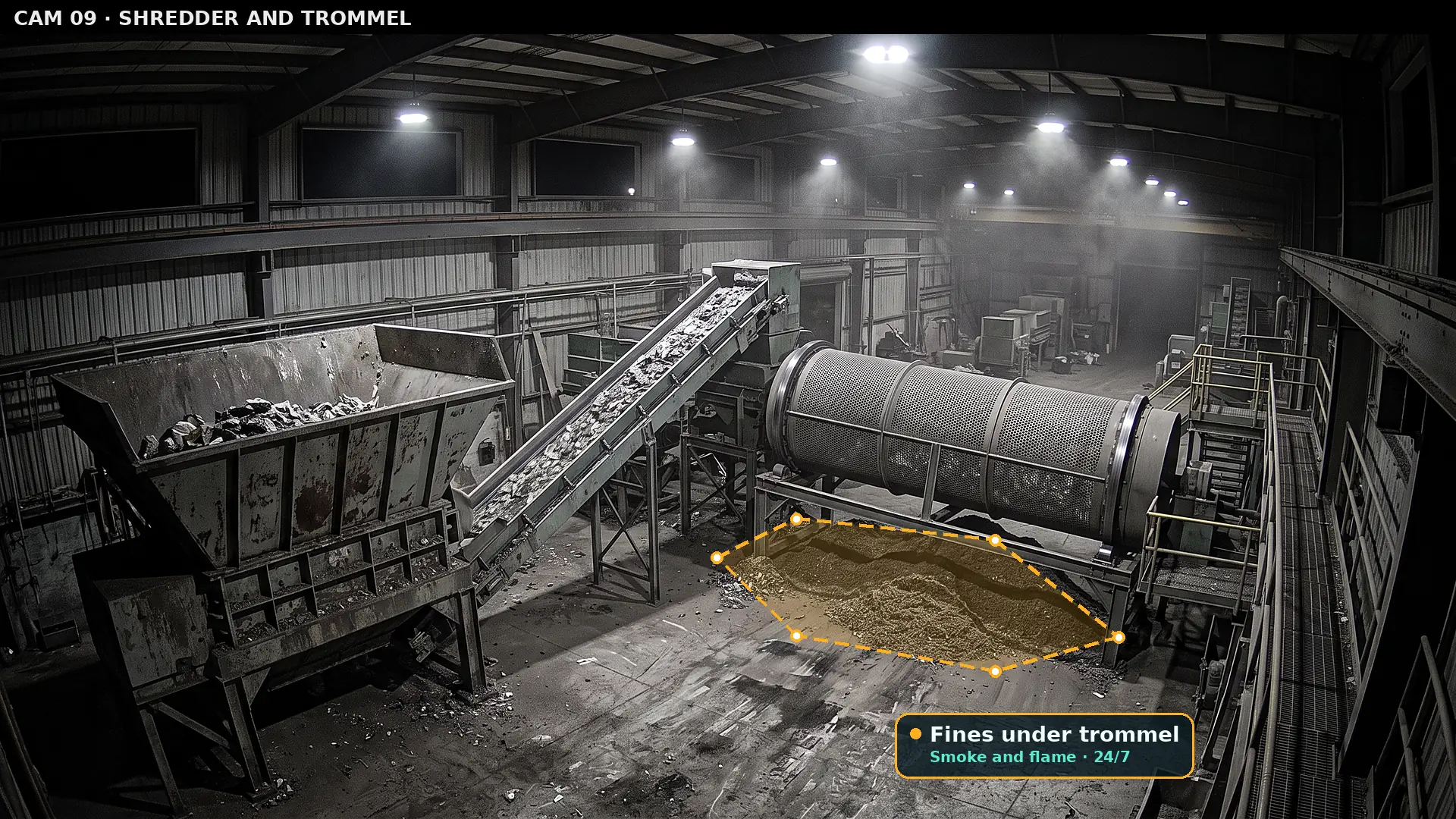 Camera view of a shredder and trommel with a zone over the fines pile below