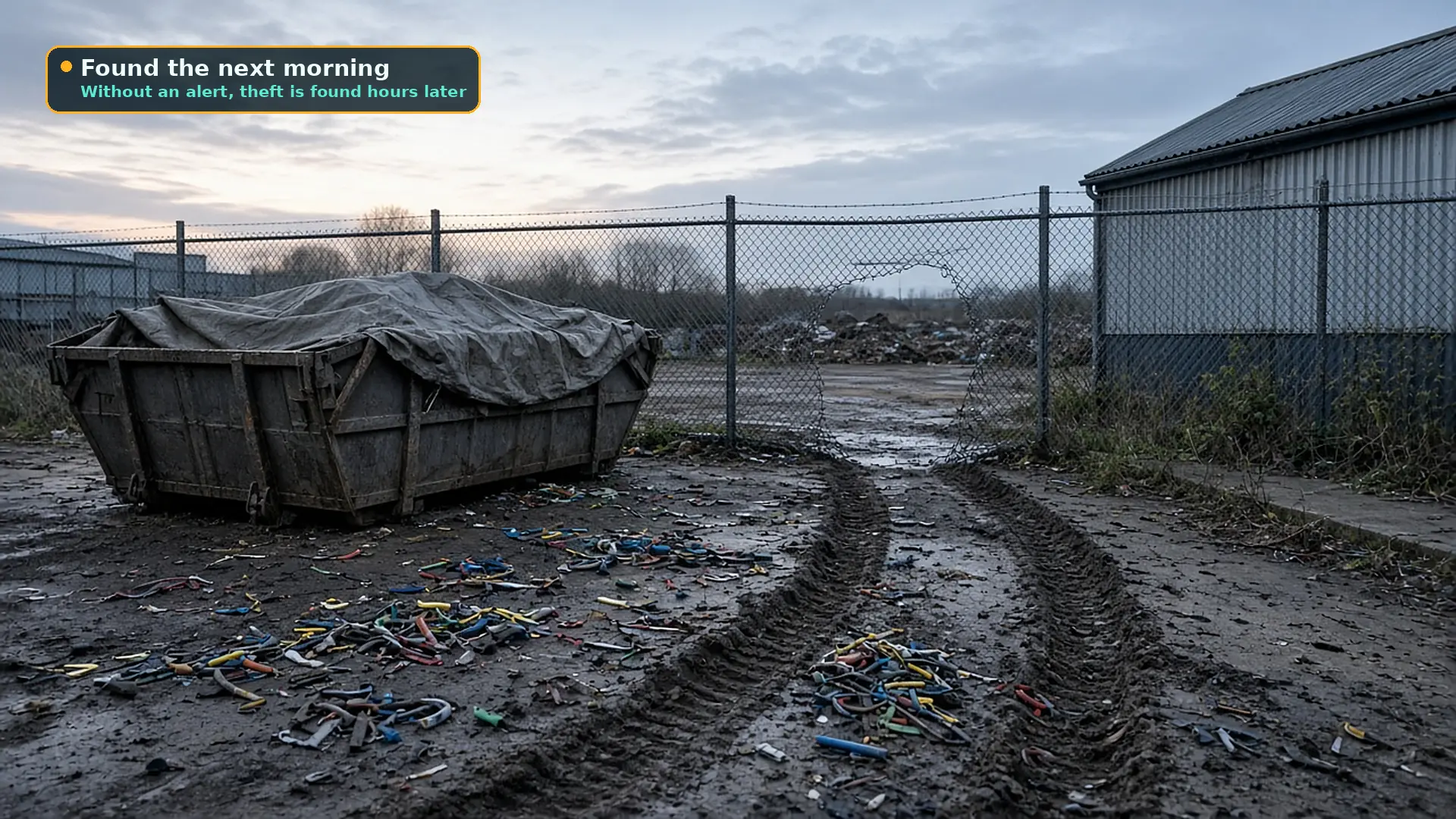 Morning view of a cut section of chain-link fence at the edge of a yard, with lengths of stripped cable sheathing and offcuts left on the ground and no people present