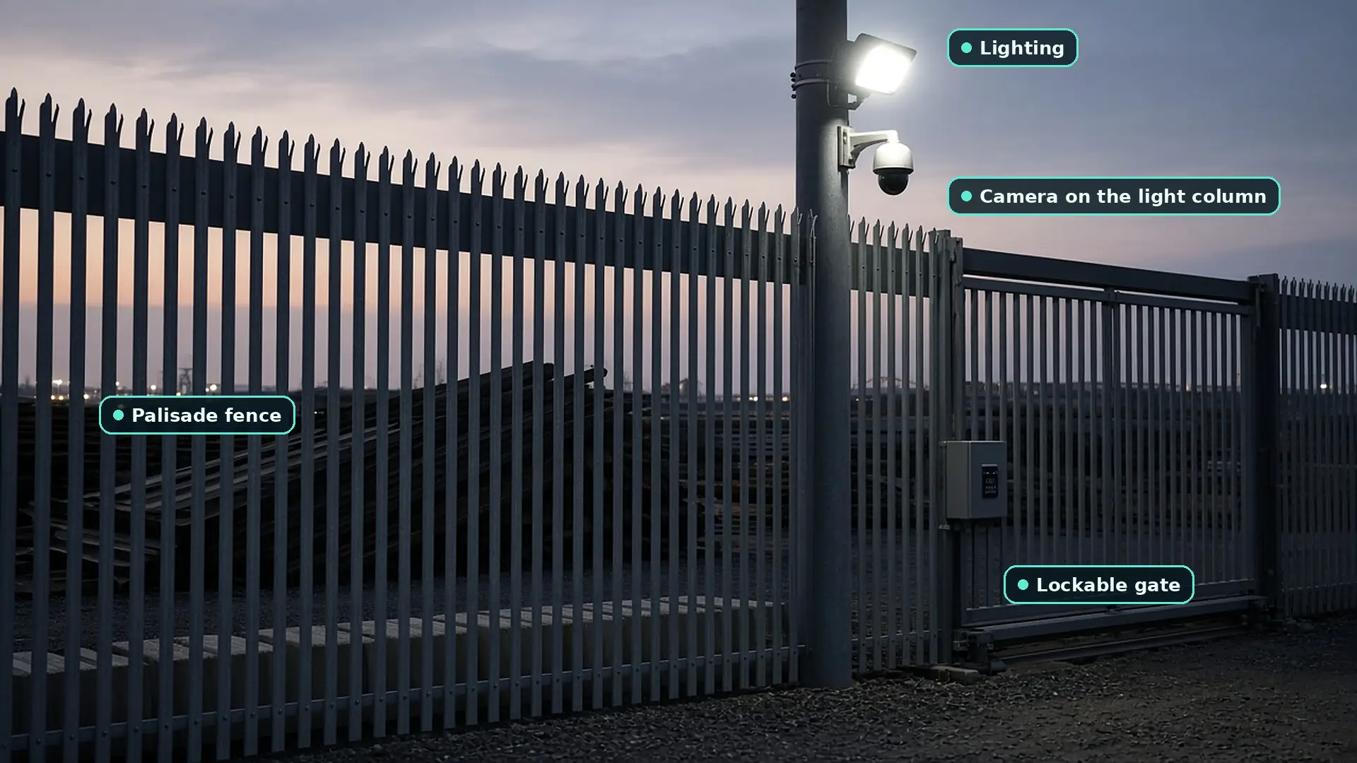 Dusk view of a yard perimeter with palisade fencing, a floodlight, a pole-mounted camera and a CCTV warning sign, with stored materials set well back from the fence and no people present