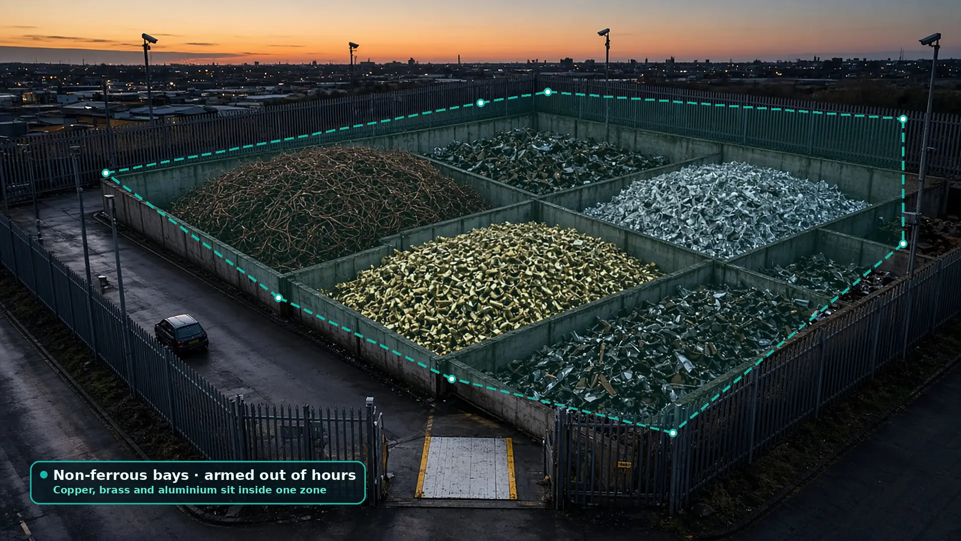 Aerial view at dusk of a metal recycling yard with separate bays of copper, brass, aluminium and steel scrap, a weighbridge and a palisade fence, with no people present