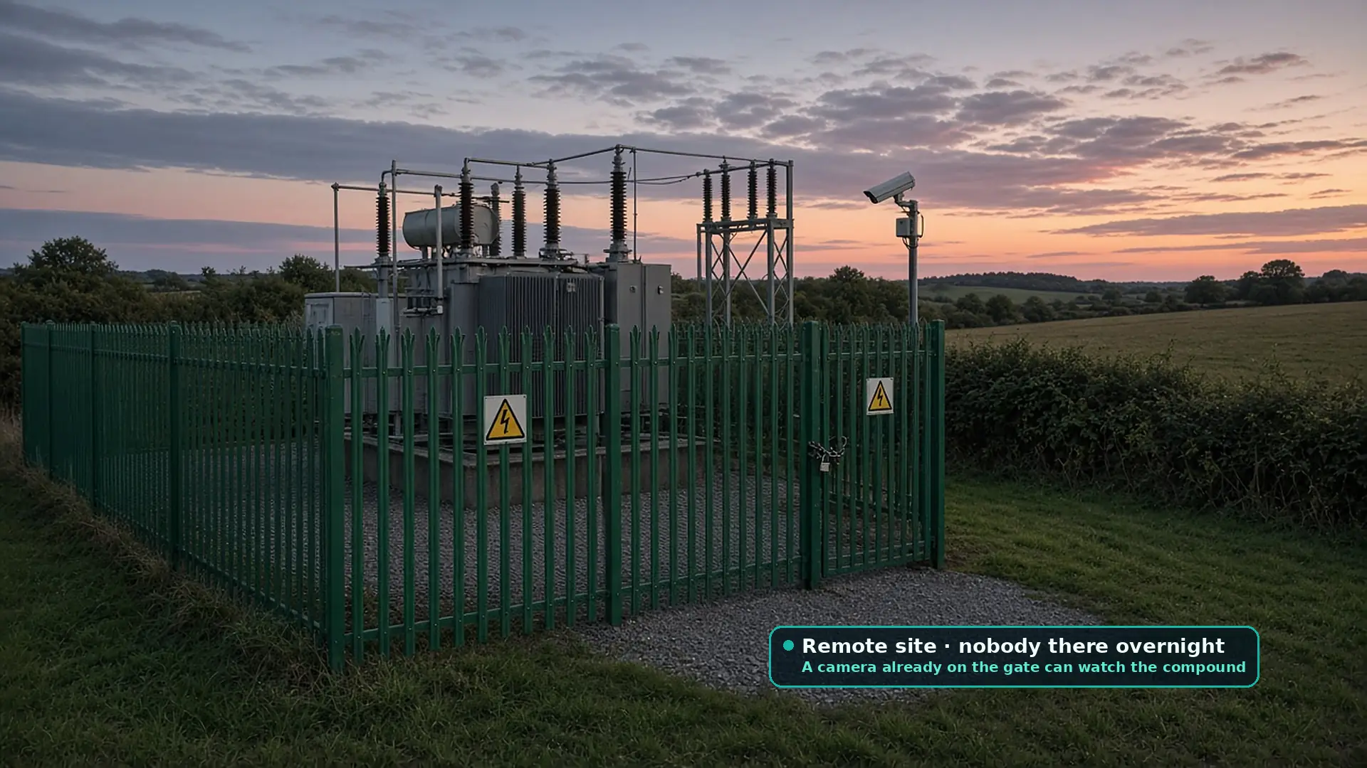 Rural electricity substation at dusk behind a tall palisade fence with warning signs, transformers and cable runs, and fields beyond, with no people present