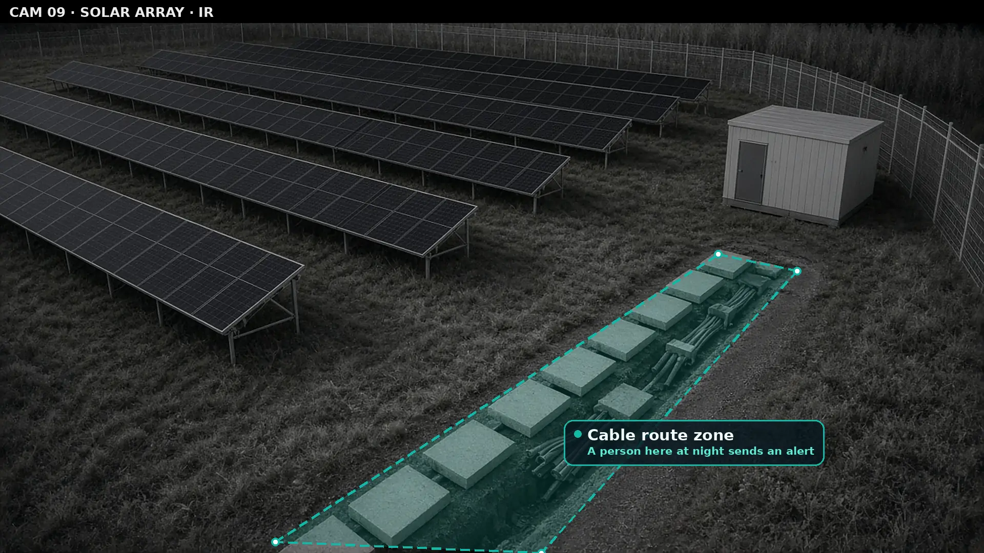 Black and white infrared night camera view of a solar farm with rows of panels and an open cable trench beside a cable drum, outlined by a teal zone, with no people present