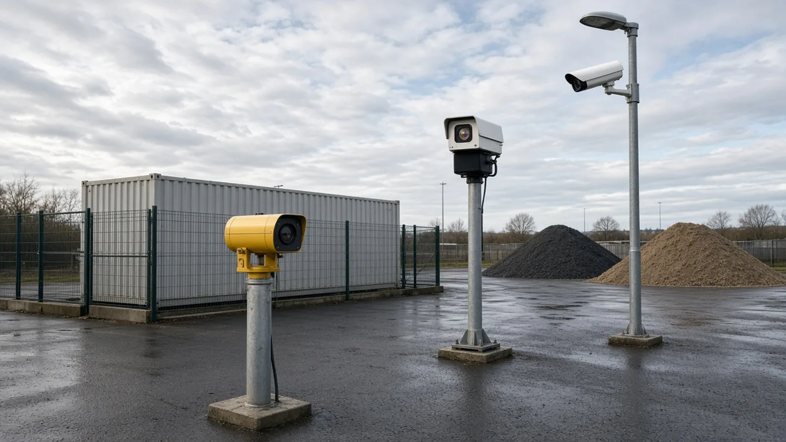 Illustrative image of an empty outdoor yard with three kinds of hardware: a yellow flame detector aimed at a fenced storage container, a thermal camera on a mast and a standard CCTV camera on a lighting column over two stockpiles