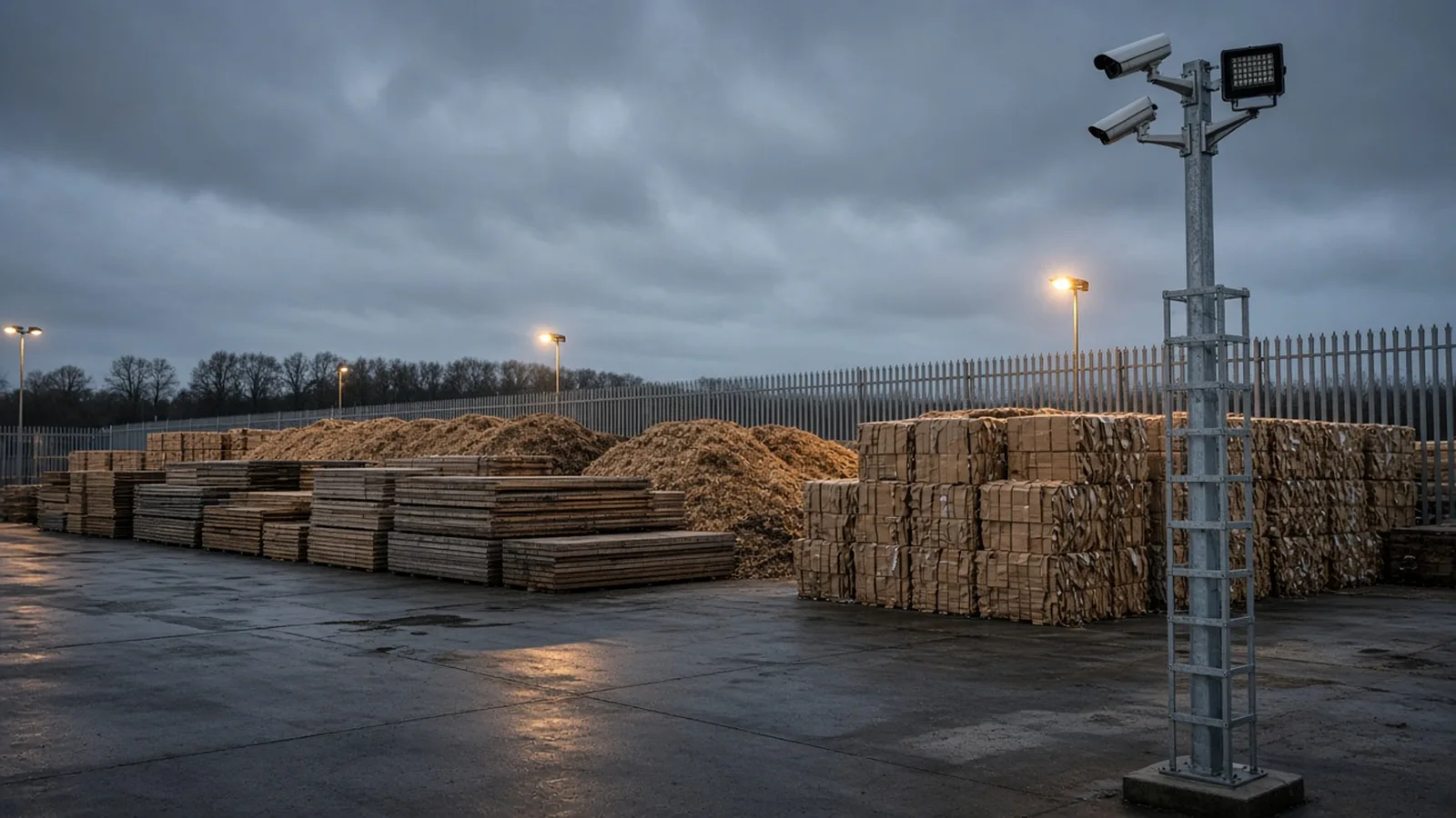 Illustrative dusk image of an empty open storage yard with stacked timber, wood chip piles and baled cardboard behind a palisade fence, with a CCTV pole carrying two cameras and a floodlight in the foreground