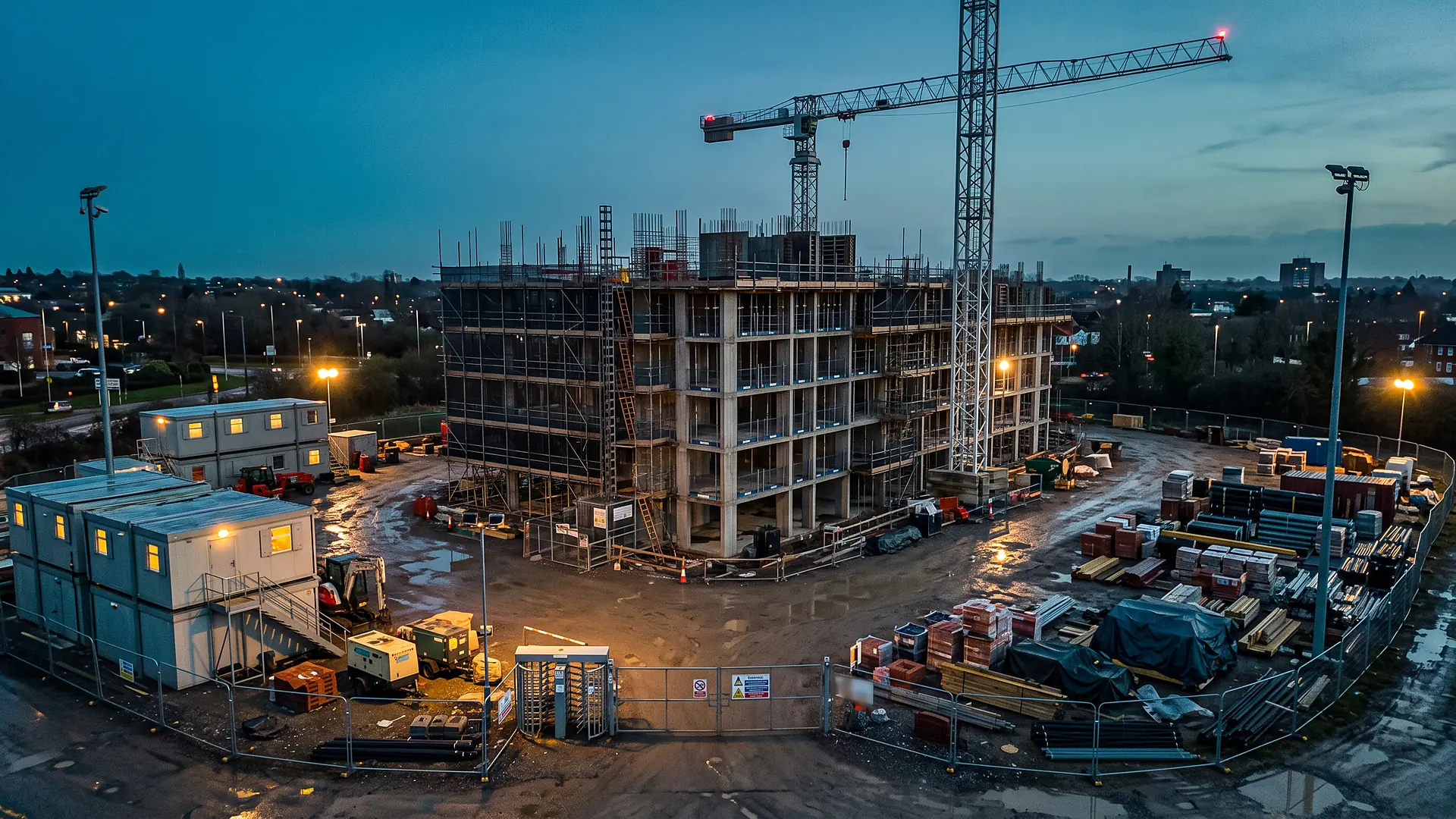 Aerial view at dusk of an empty construction site with a tower crane, site cabins, a gated entrance and floodlights coming on