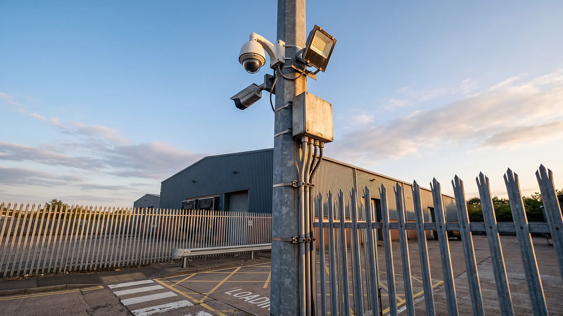 A dome camera, a bullet camera and a floodlight mounted on a grey column against a dusk sky