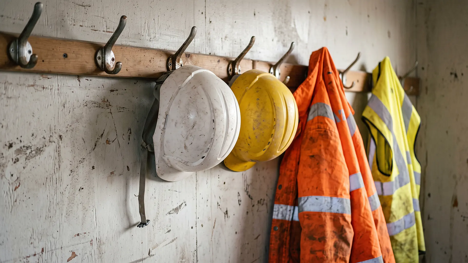 Row of white and yellow hard hats on a shelf above orange and yellow hi-vis vests hanging on hooks inside a site cabin