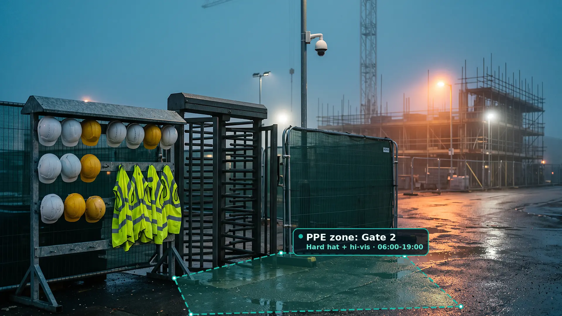 Blue-hour construction site gate with a rack of white and yellow hard hats and hi-vis vests beside a full-height turnstile, a CCTV camera on a pole and a teal polygon zone drawn on the ground in front of the turnstile
