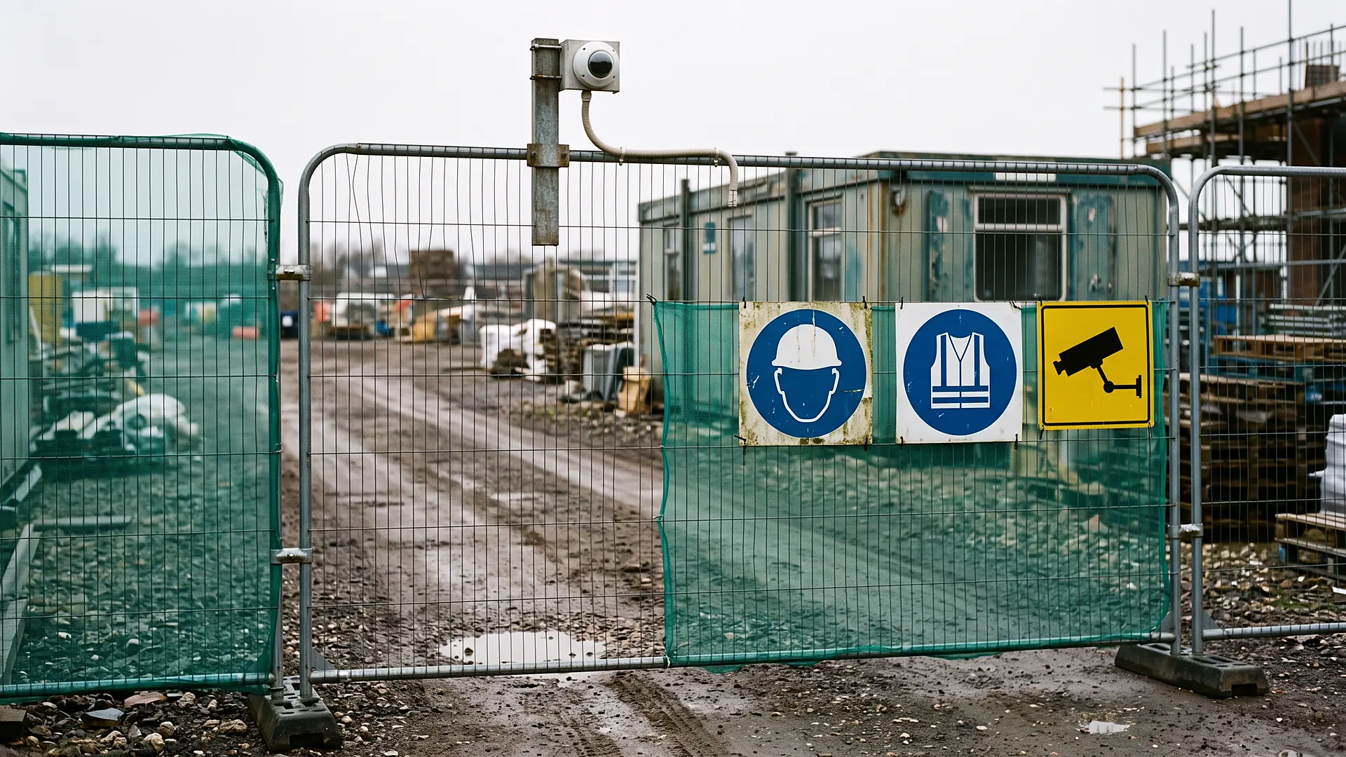 Empty site entrance with a blue mandatory sign for hard hats and hi-vis and a CCTV notice sign fixed to the hoarding beside the gate