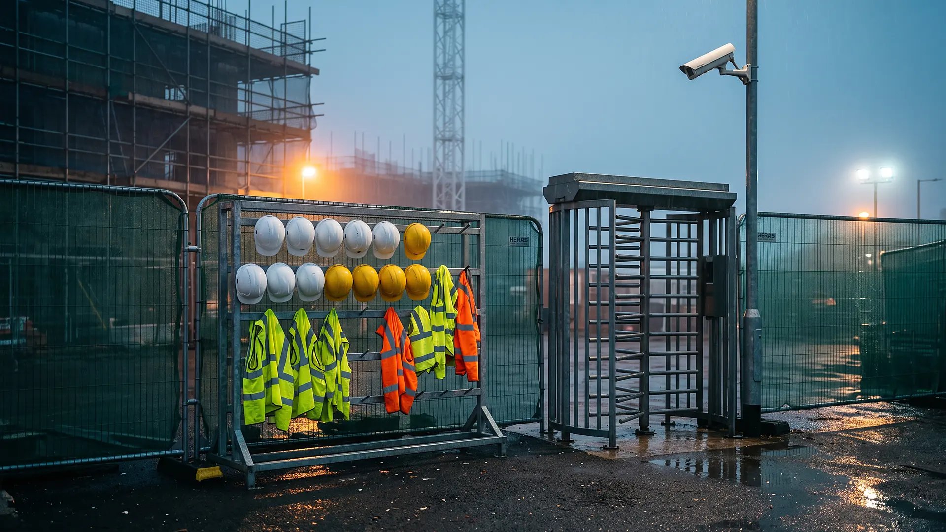 Empty site entrance at blue hour with a rack of hard hats and hi-vis vests on the left, a full-height turnstile in the middle and a CCTV camera on a pole looking down at the turnstile