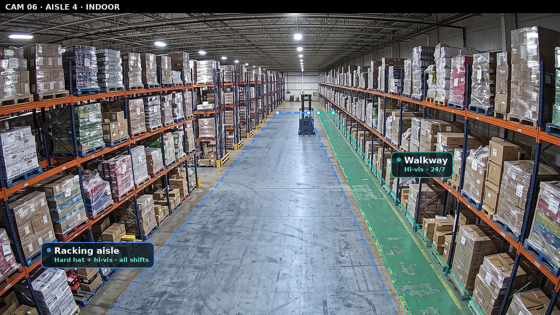 Empty warehouse racking aisle seen from a CCTV camera, with a blue polygon zone on the racking aisle floor and a teal polygon zone on the marked pedestrian walkway beside it