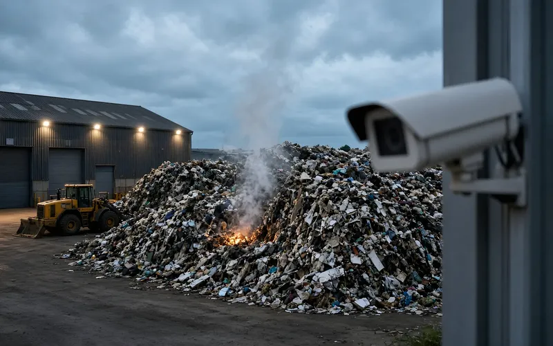 Waste and recycling site at night with stockpiles watched by CCTV