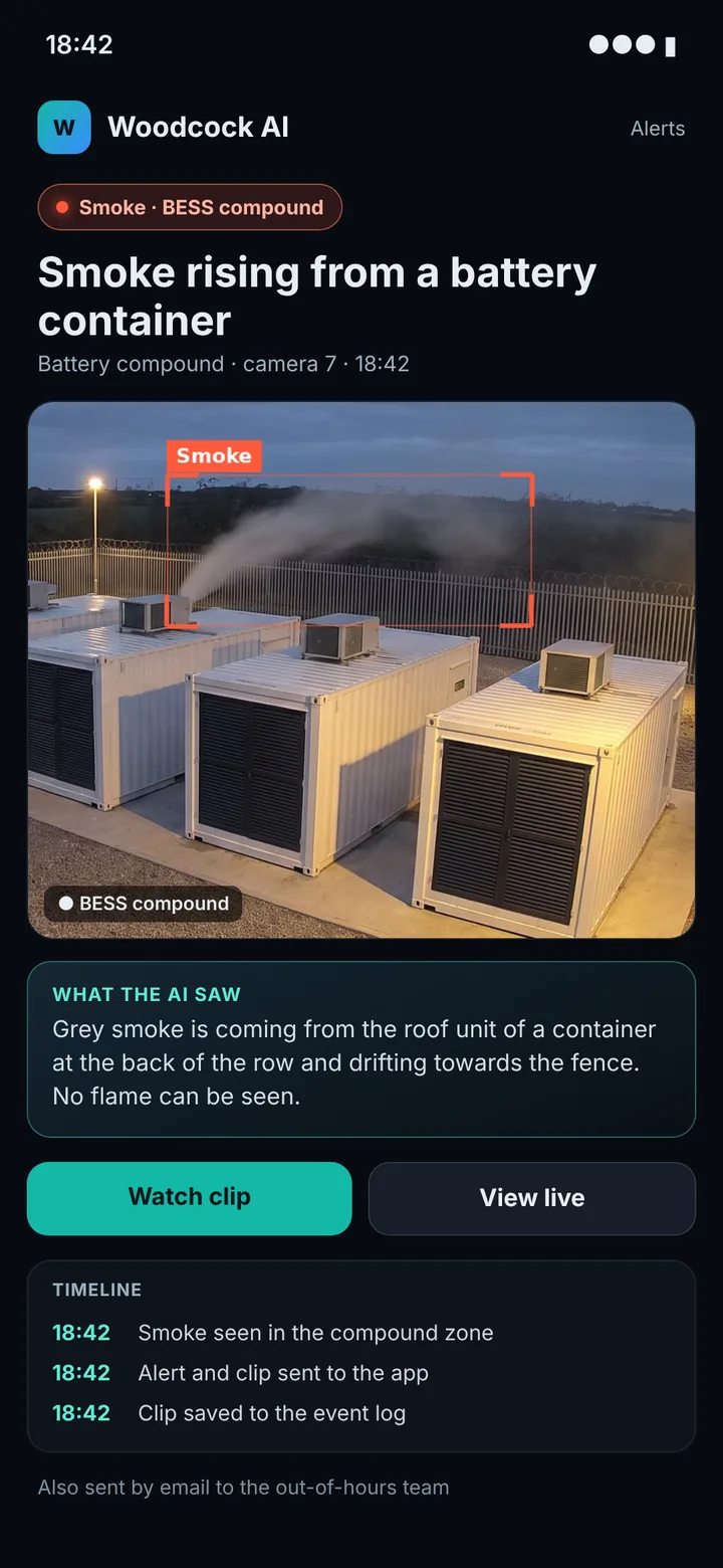 Woodcock AI app alert on a phone: smoke boxed above battery storage containers at 18:42, with a plain-English description and a timeline