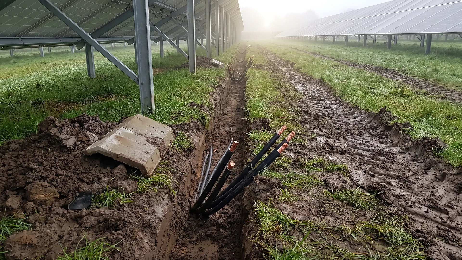Misty dawn at a solar farm: a shallow trench beside the panel rows with several thick cables cut through, their copper cores exposed, and fresh tyre tracks in the mud