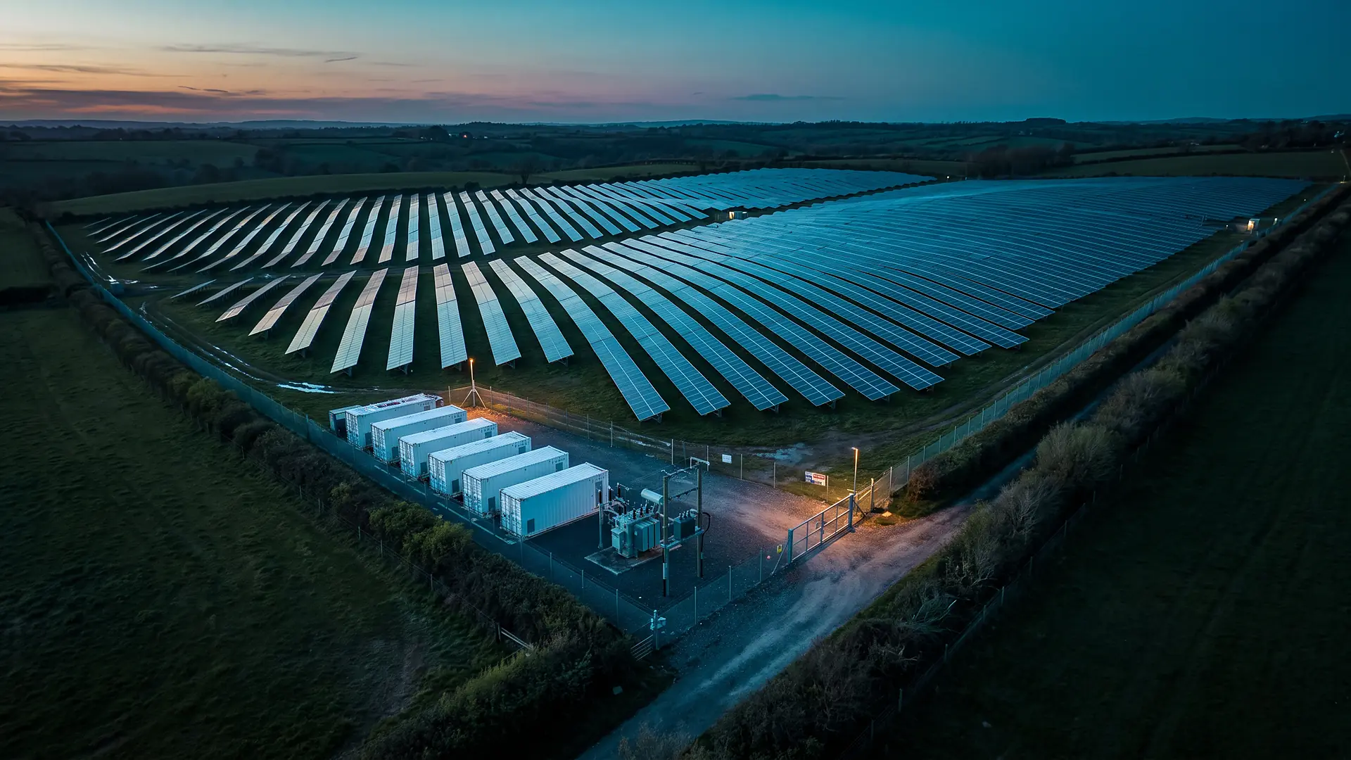 Aerial view of a solar farm at blue hour, with long rows of panels, a fenced battery storage compound and a grid substation