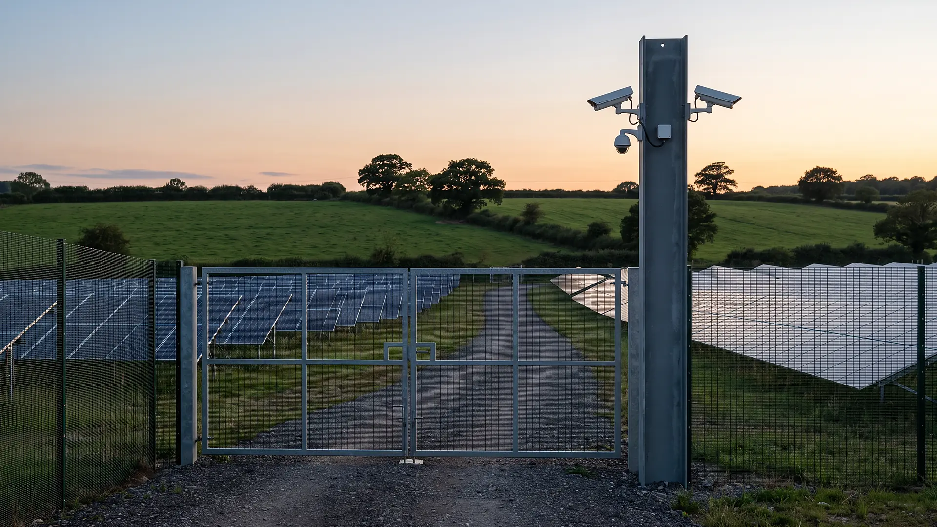 Solar farm entrance at dusk with a closed metal gate and a column beside it carrying two bullet cameras and a dome camera, with panel rows behind the fence