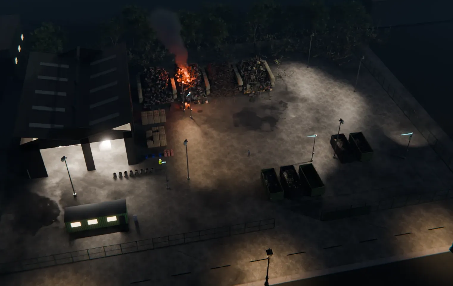 Illustrative 3D render of a recycling site at night, with numbered pins on the tipping hall, stockpile bays, bale store, battery quarantine bay and gate