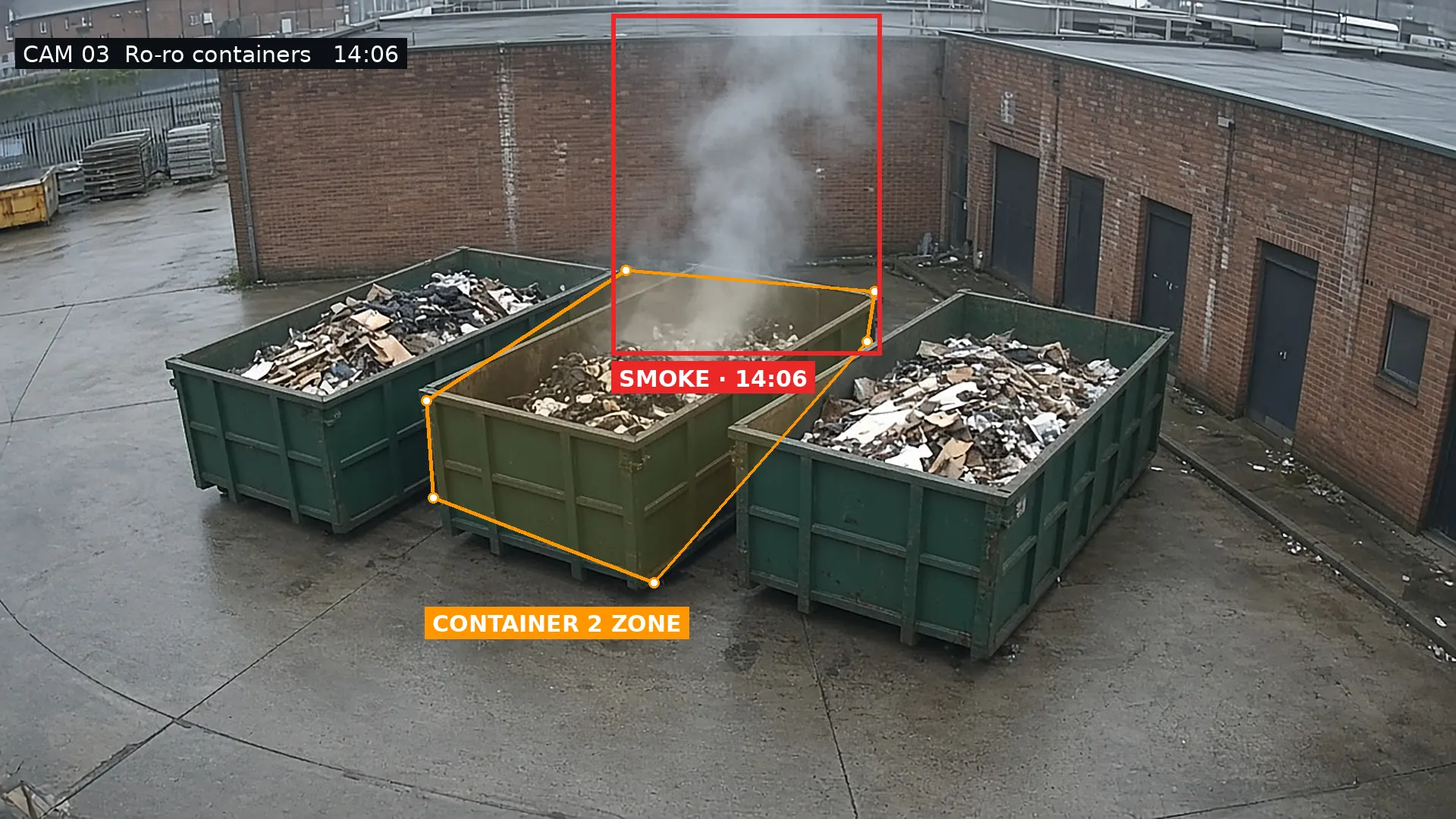CCTV view of three ro-ro waste containers with smoke rising from a zoned container, boxed by Woodcock AI