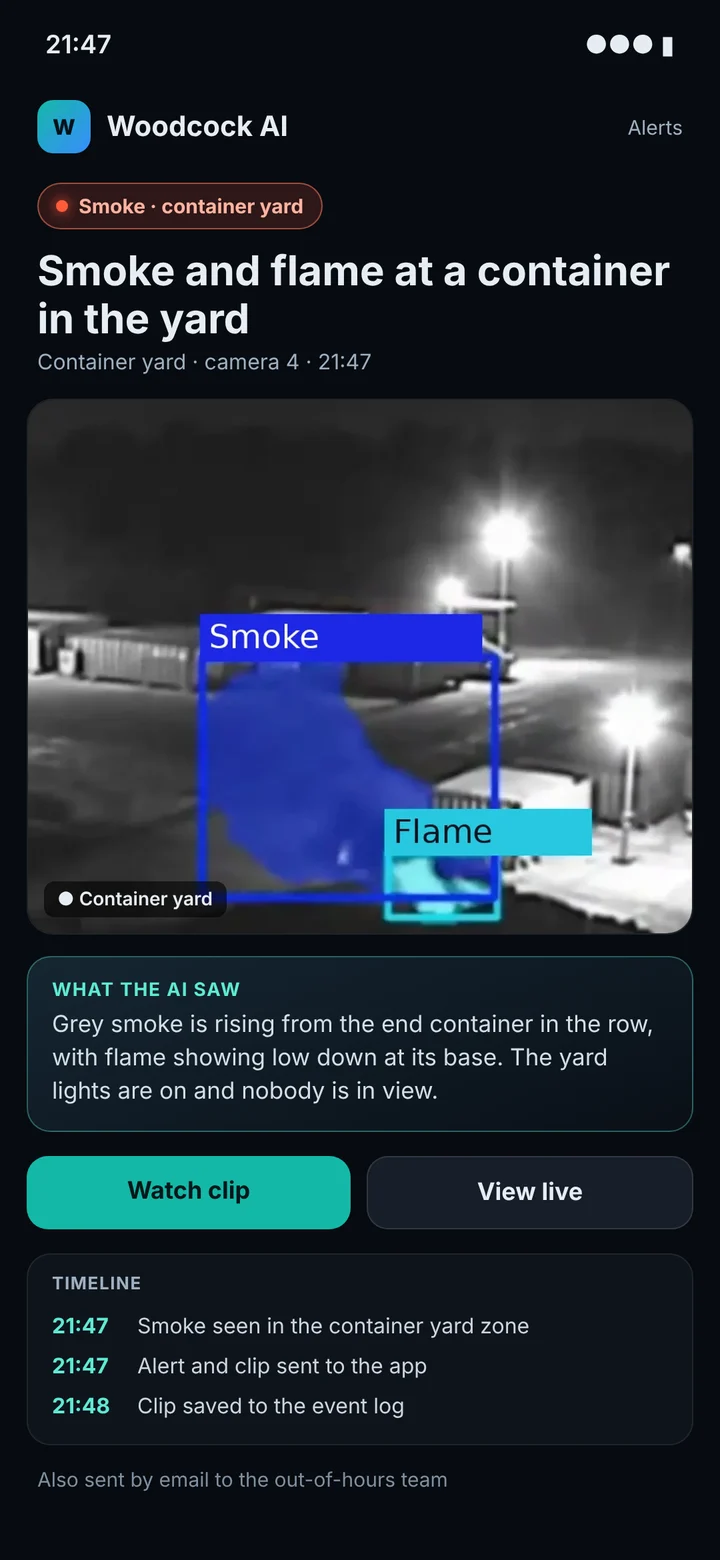 Woodcock AI app alert on a phone: smoke and flame boxed at a container in the yard at 21:47, with a plain-English description and a timeline