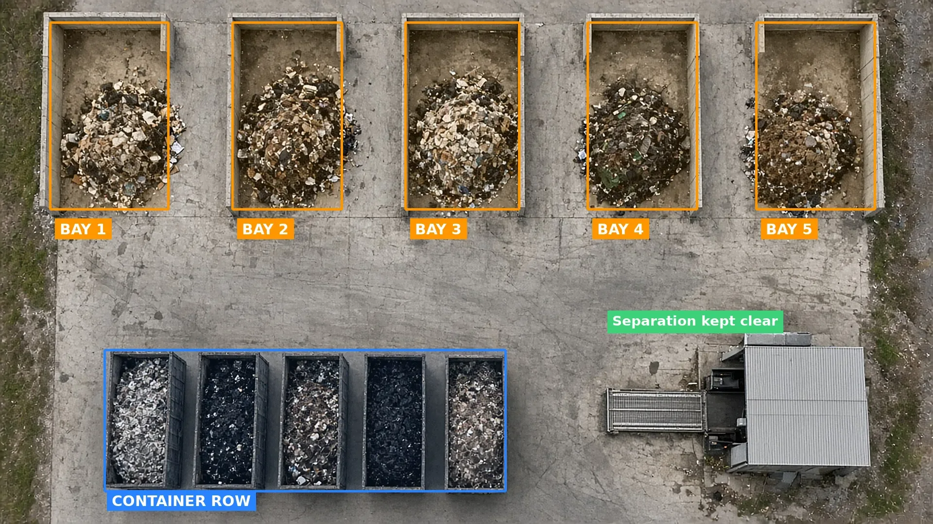 Overhead view of five open concrete bays of mixed waste outlined in orange, a row of five containers outlined in blue and a clear gap marked as separation kept clear
