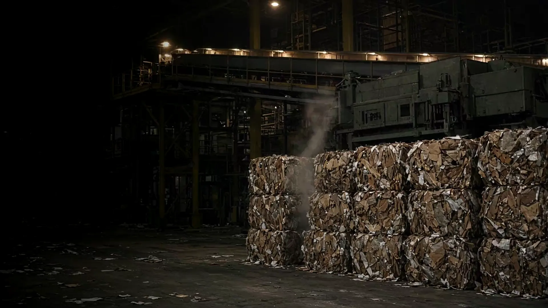 Night CCTV view of baled waste stacked in a transfer station hall, with a thin plume of smoke rising between the bales