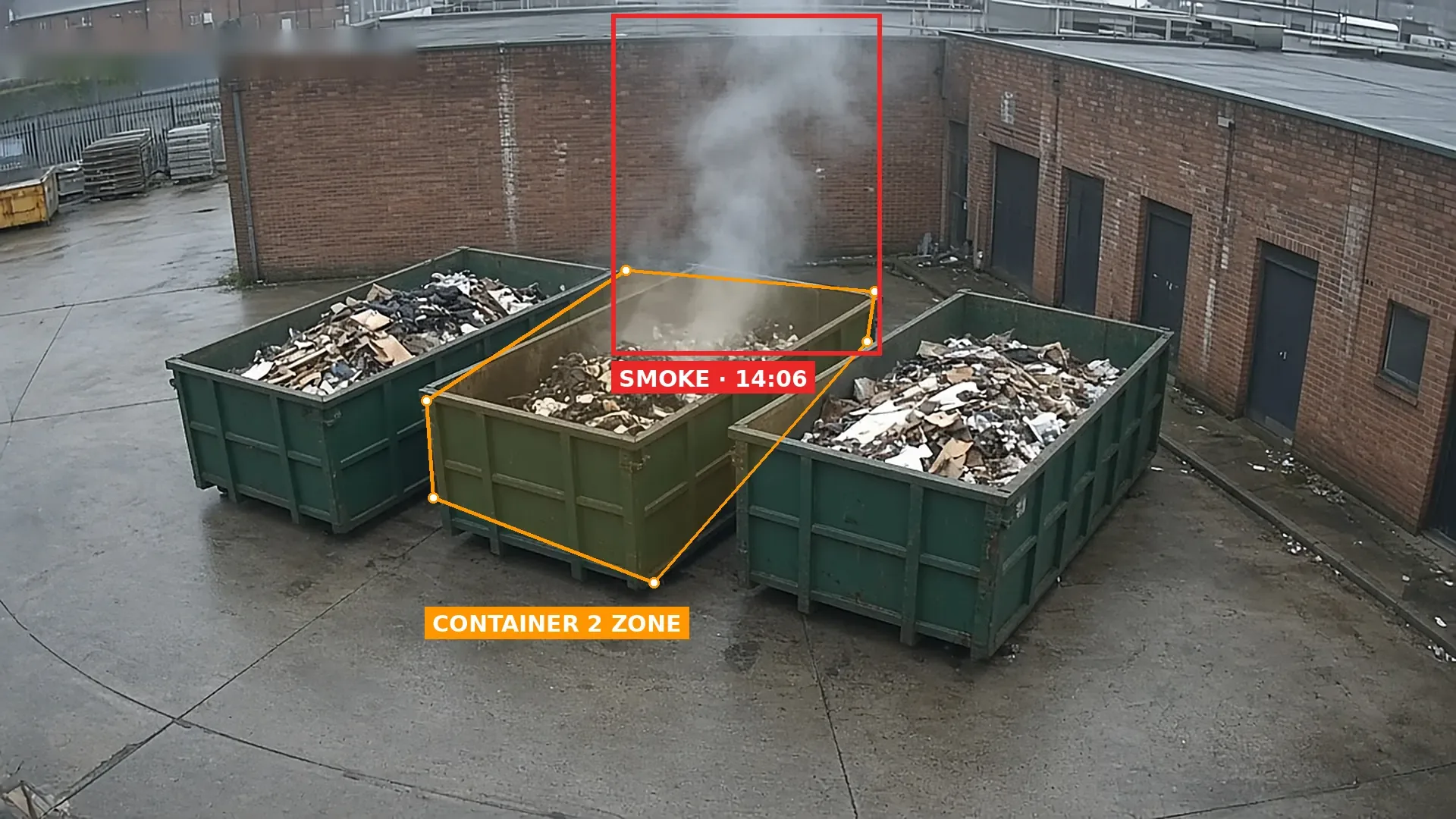 Daytime CCTV view of three green roll-on roll-off containers of mixed waste against a brick building, with smoke rising from the middle container boxed in red and an orange polygon zone around it