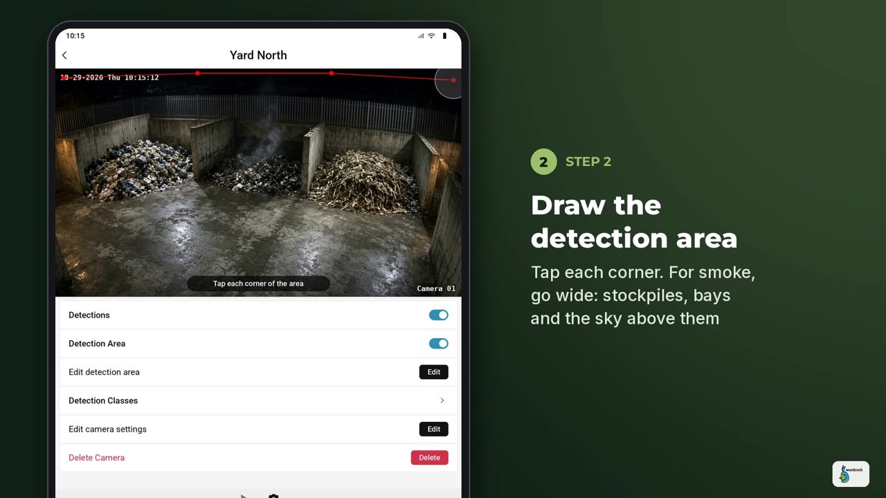 Woodcock app tutorial: drawing a smoke detection area around a yard camera view